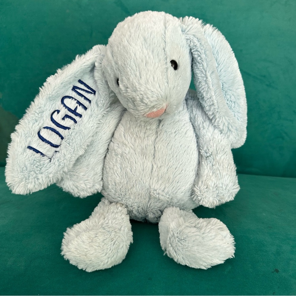 Jellycat Medium Blue Bunny Monogrammed Embroidered w/ Logan